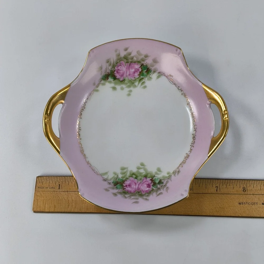 Vintage Japan Porcelain Hand Painted Pink Rose Bonbon Dish Gold Gilt Handles